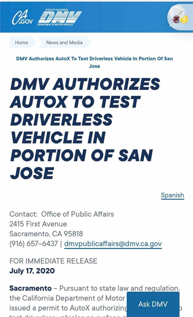 AutoX获加州全无人驾驶载人牌照，无需安全员