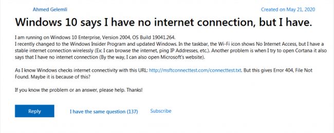 微软承认Windows 10新BUG：错误显示没有网络连接