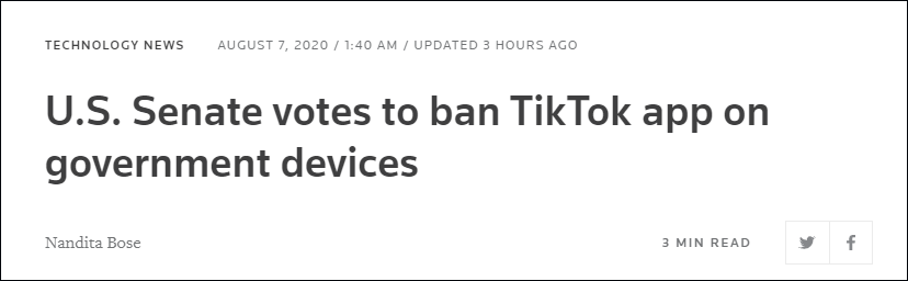 美国参议院通过法案 禁止联邦雇员在政府设备上使用TikTok
