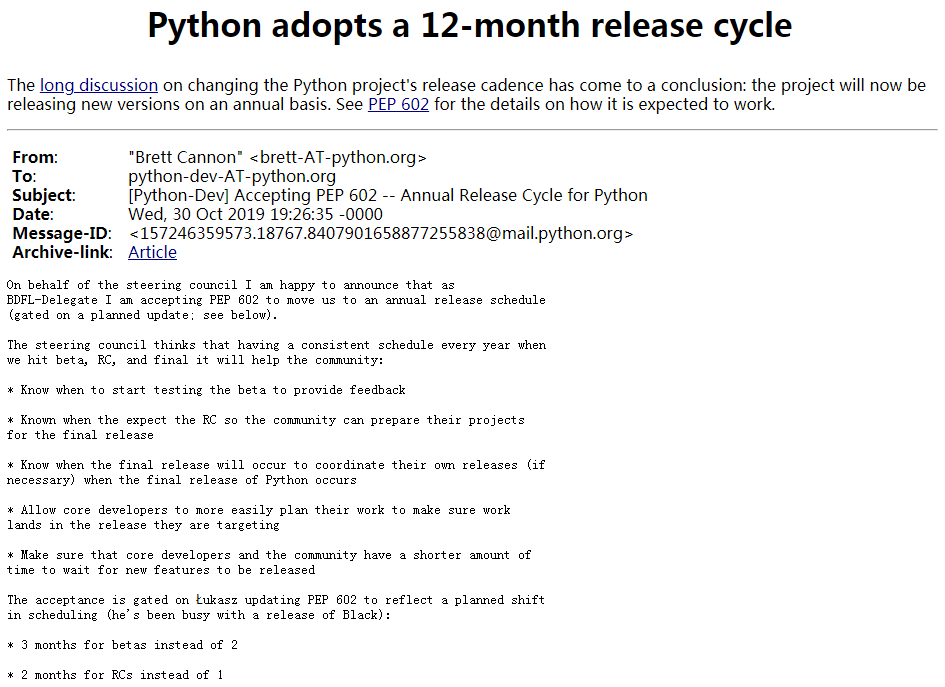 Python将采用12个月发布周期 一年发布一个大版本