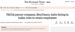 印度封禁TikTok后 消息称字节跳动已暂停在印招聘将裁员