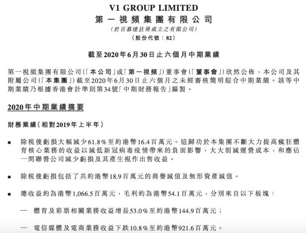 第一视频上半年总收益10.67亿港元 除税后亏损1640万港元