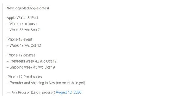 更多信息表明iPhone 12将在10月发布 下周有其他新品