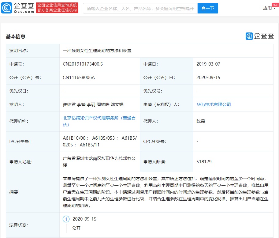 华为新增一项预测女性生理周期的专利