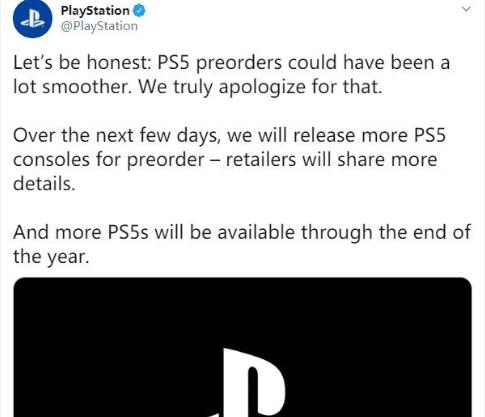 索尼PS官方致歉 将发布更多的PS5供预订缓解预购难问题
