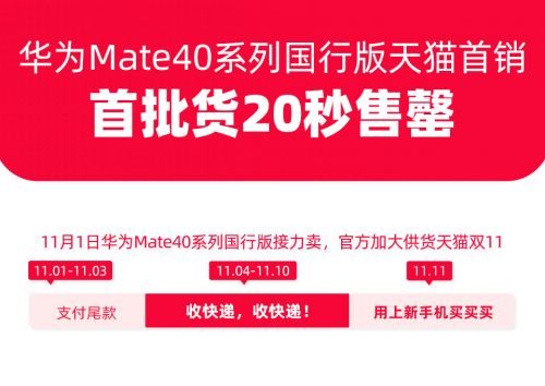 华为Mate40天猫首销20秒售罄 第二轮加卖将于11月1日开始