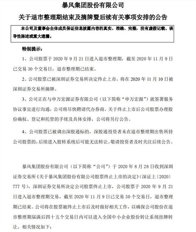 暴风集团黯然退市明日摘牌 退市整理期已结束