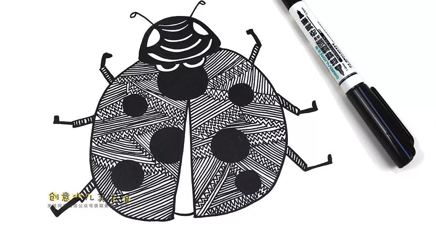 儿童画教程｜创意线描画--花朵上的七星瓢虫
