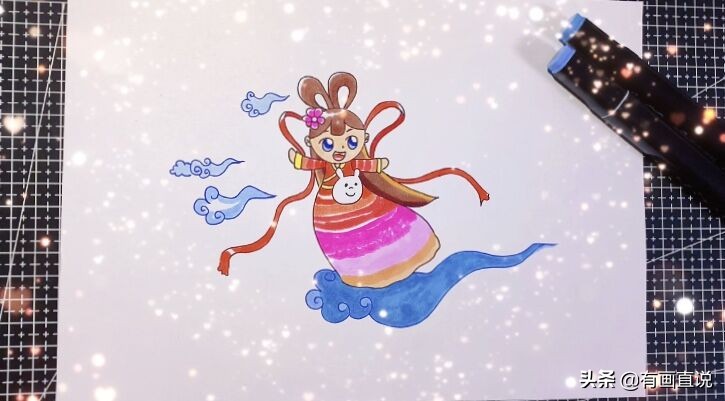 创意儿童画：中秋节主题画第五款嫦娥画法，卡通简笔画风格